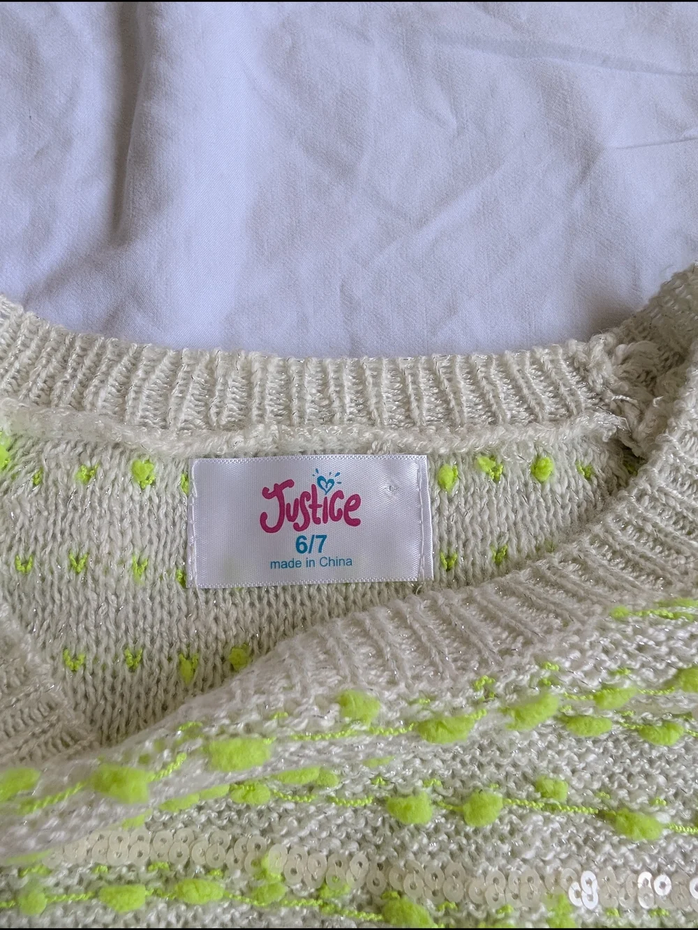 Justice Cream Knit Poncho with Neon Yellow Dots